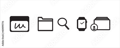 Simple Set of share menu icons and  Vector icon graphic design. create new Notes, Save to file , Searching, Clock face setting And share to album together.