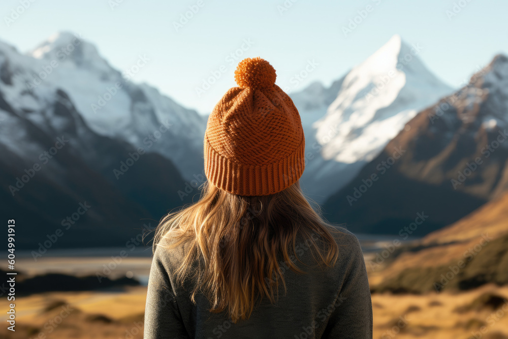 Travelling woman with knitted beanie overlooking mountains, generative ai Travelling woman with knitted beanie overlooking mountains, generative ai