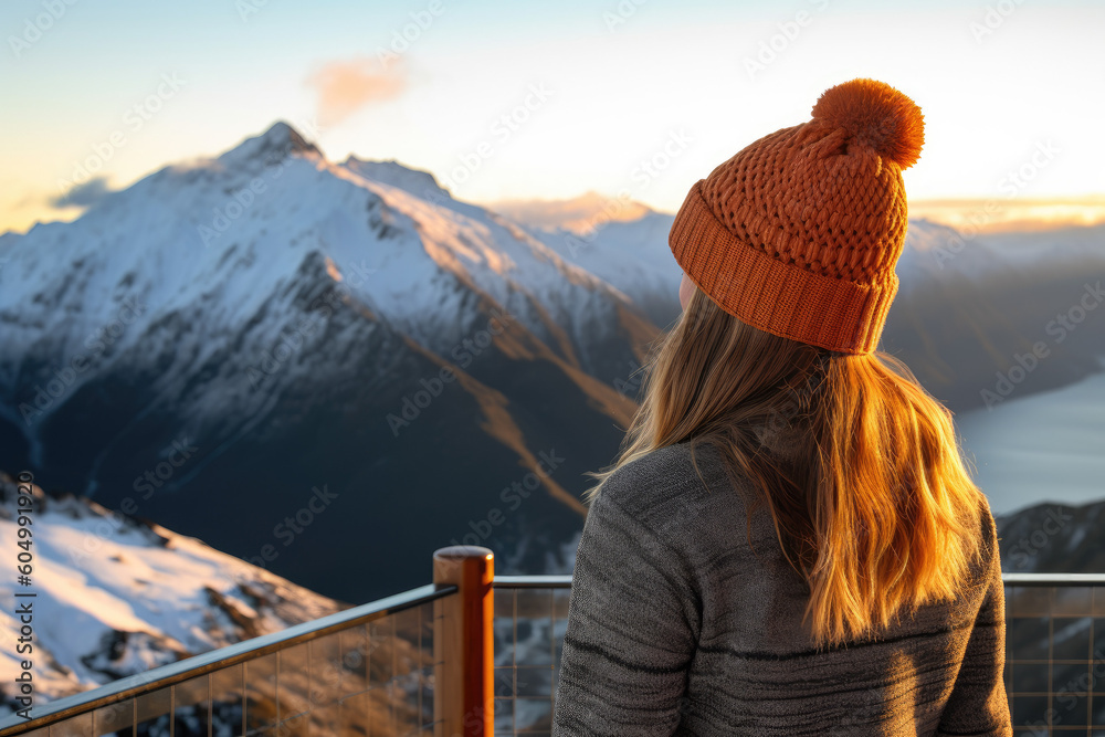 Travelling woman with knitted beanie overlooking mountains, generative ai