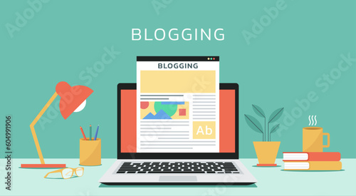 Laptop with blogging website on screen with images, vector flat illustration