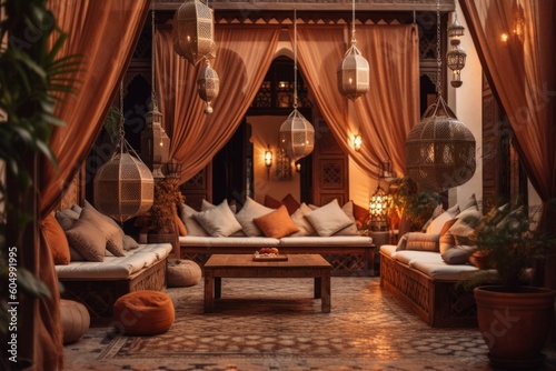 A cozy sitting area in a Moroccan Riad, with comfortable cushions and decorative lanterns, evoking a sense of relaxation and luxury. Generative AI