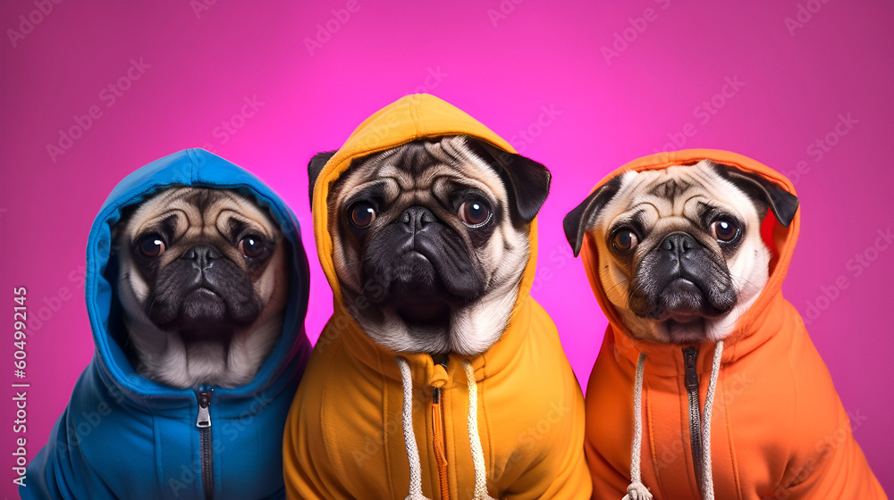 Gang family of pug dog puppy in vibrant bright fashionable outfits, commercial, editorial advertisement, surreal surrealism. Group shot. Generative AI