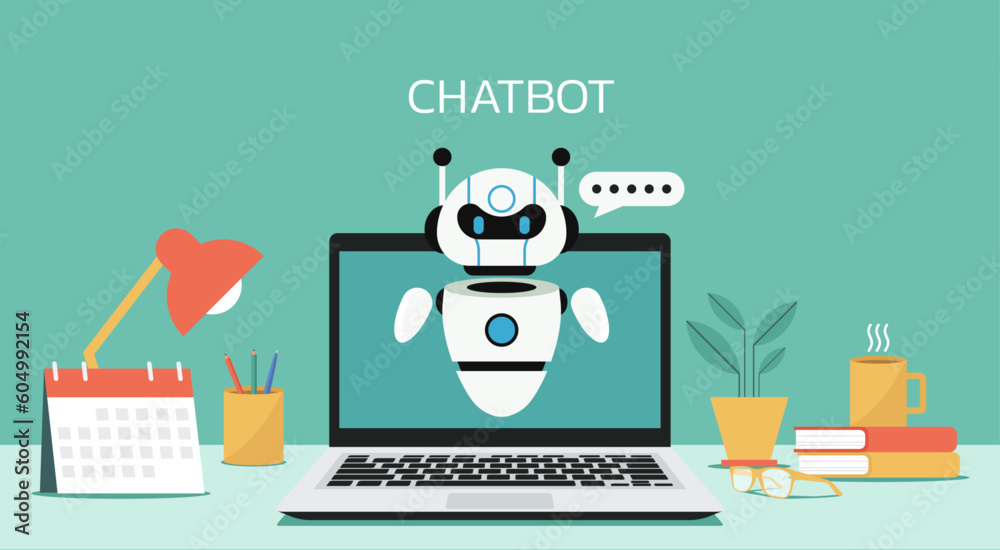 chatbot on laptop screen, artificial intelligence robot assistant for online customer support, vector flat illustration
