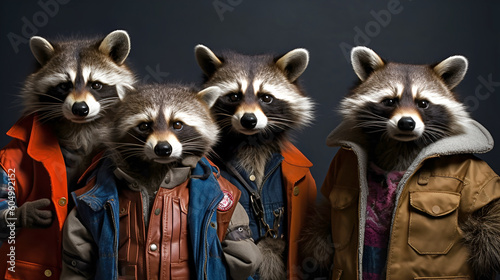 Gang family of raccoon in vibrant bright fashionable outfits, commercial, editorial advertisement, surreal surrealism. Group shot. Generative AI © RosCheng