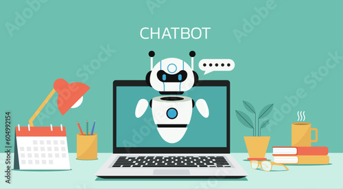 chatbot on laptop screen, artificial intelligence robot assistant for online customer support, vector flat illustration