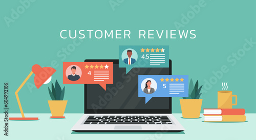 feedback customers review on a laptop screen with people give rating star on website, vector flat illustration