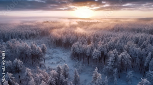 Winter Whispers: Aerial Serenity in Finnish Forest. Generative AI