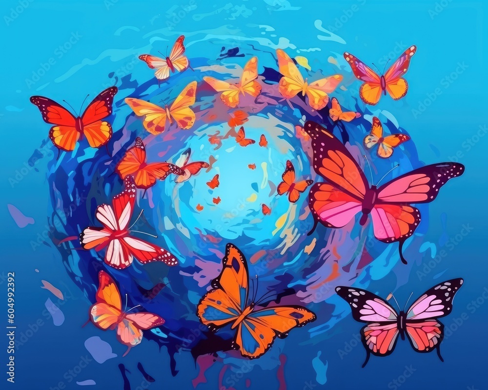 Multi-coloured butterflies fly from oil paint on blue background. (Generative AI)