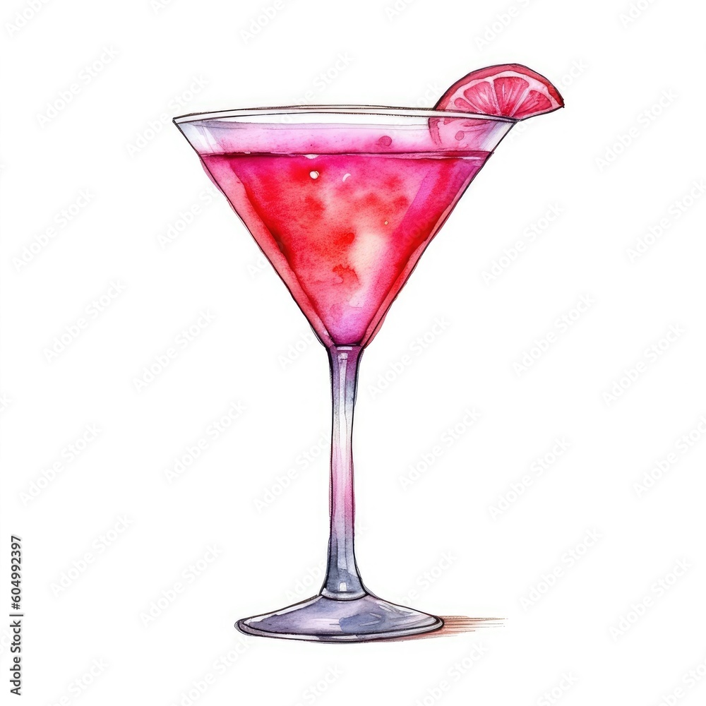 Cosmopolitan Cocktail isolated on white drawn with watercolor (generative AI) Cosmopolitan Cocktail isolated on white drawn with watercolor (generative AI)