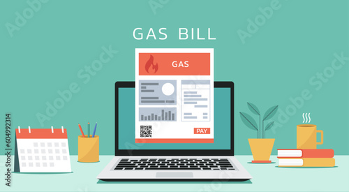 online payment on schedule date with gas bill on laptop screen, vector flat illustration