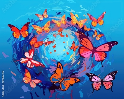 Multi-coloured butterflies fly from oil paint on blue background.  Generative AI 