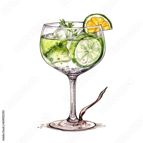 Gin and tonic Cocktail isolated on white drawn with watercolor (generative AI) photo