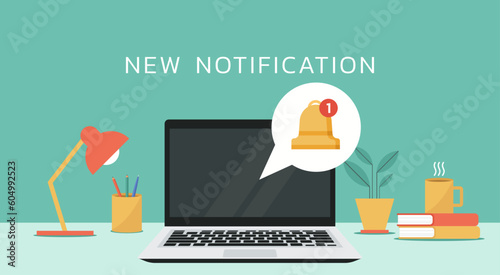 A new notification on the laptop screen, bubble popup with bell, vector flat illustration