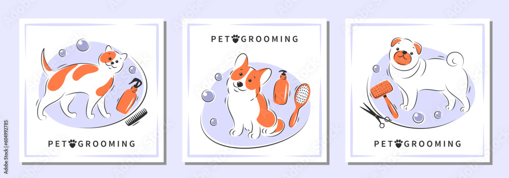 Pet grooming. Set of design for pet care salon. Cartoon dogs character with different tools for animal hair grooming. Vector illustration