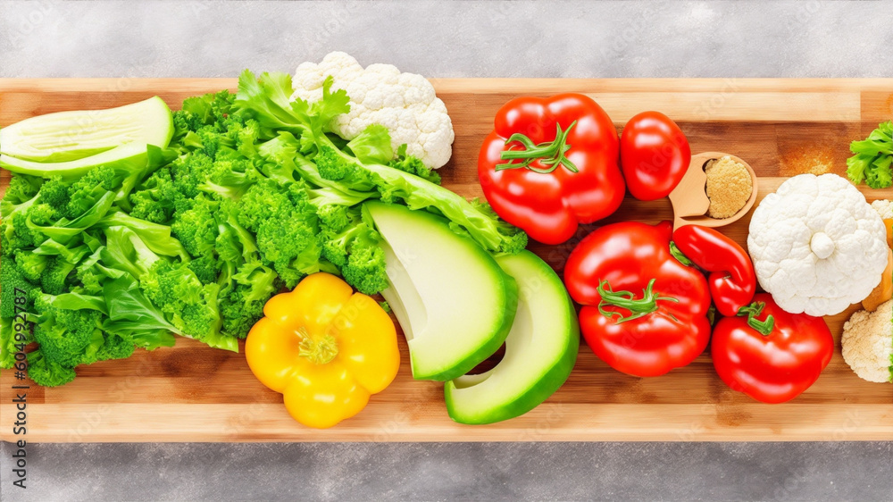 Vegetables wooden board, ingredients of food, generative ai Vegetables wooden board, ingredients of food, generative ai
