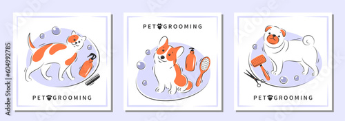 Pet grooming. Set of design for pet care salon. Cartoon dogs character with different tools for animal hair grooming. Vector illustration