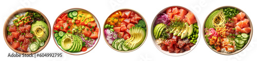 Hawaiian poke bowl set: tuna, salmon, shrimp with avocado, mango, radish, rice and other ingredients. Soy sauce and sesame dressing. top view on transparent background photo