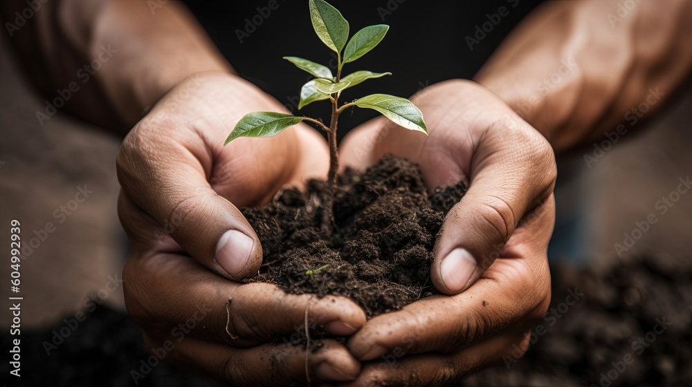 Man's hands holding a small plant with soil Generative AI