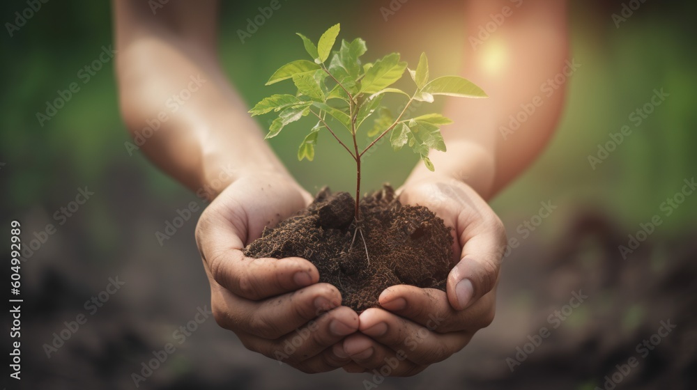 Man's hands holding a small plant with soil Generative AI Man's hands holding a small plant with soil Generative AI