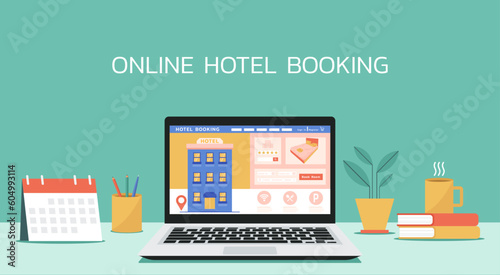 concept of hotel searching and booking online by using reservation website on laptop screen with bed in room, vector flat illustration