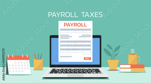 online payroll taxes payment concept on laptop screen with electronic receipt or financial transaction, vector flat illustration