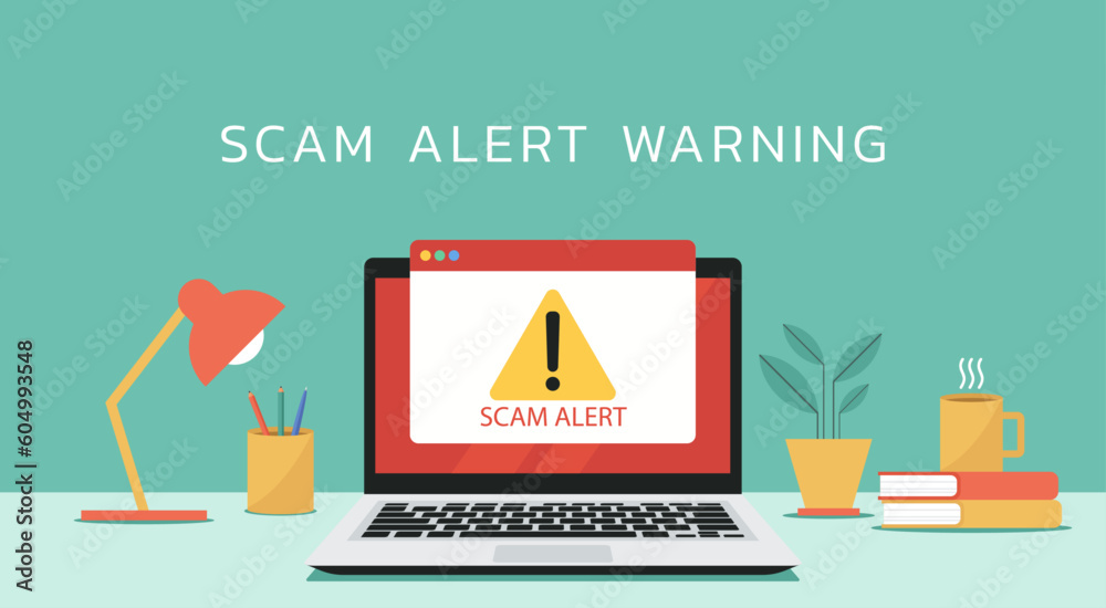 computer scam alert warning sign notification on laptop screen, vector flat illustration - obrazy, fototapety, plakaty 