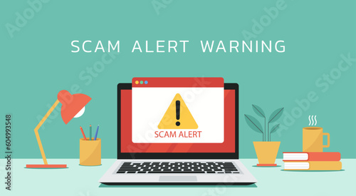 computer scam alert warning sign notification on laptop screen, vector flat illustration