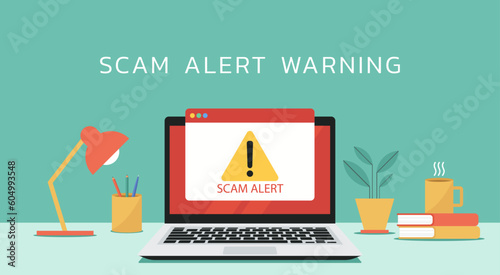 computer scam alert warning sign notification on laptop screen, vector flat illustration