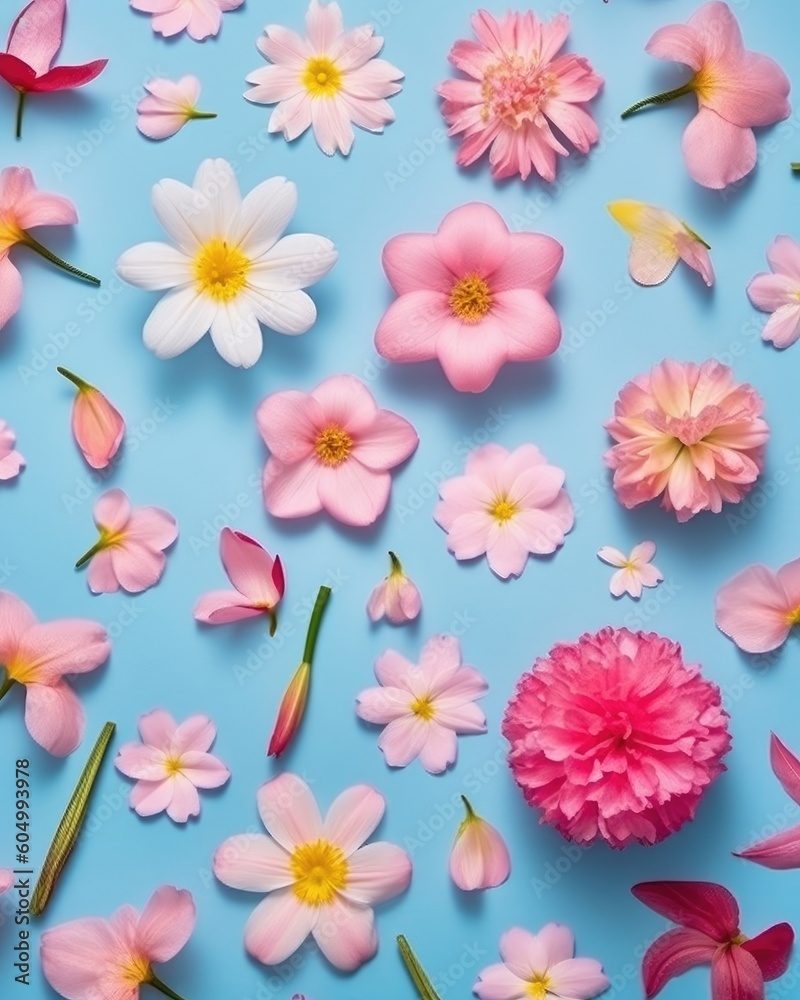 Fresh spring flowers on pastel background in creative flat lay. (Generative AI)