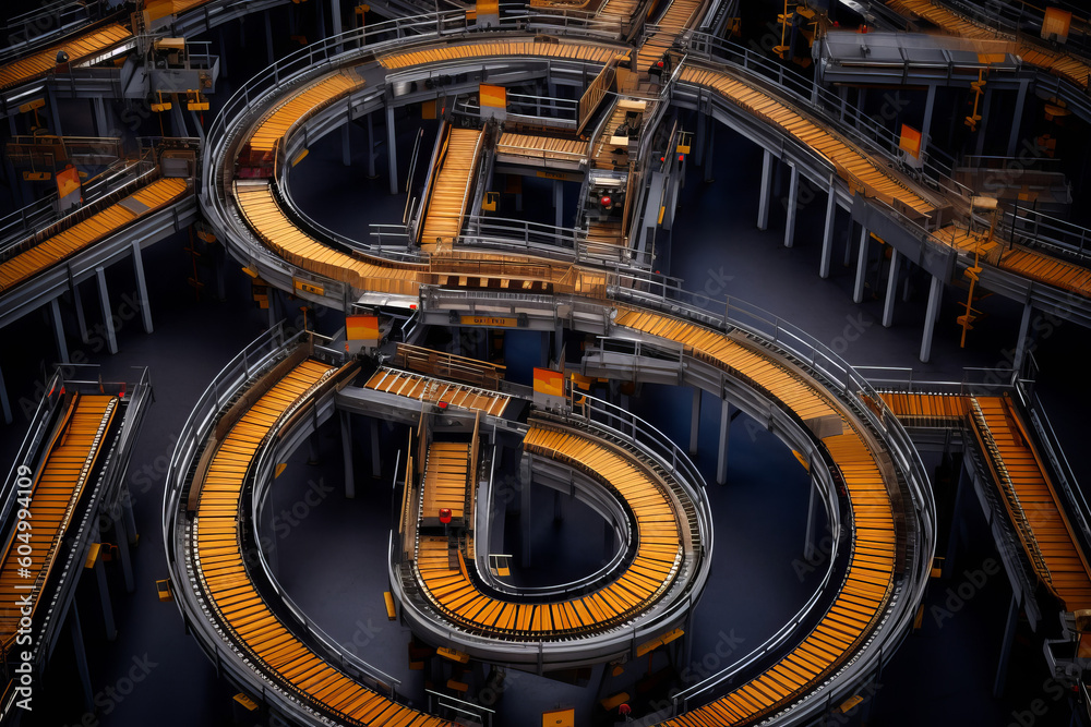 Fototapeta premium Overhead view of an empty warehouse factory conveyor belt production line. Generative ai