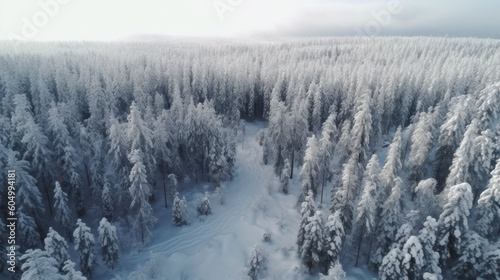 Winter's Embrace: Aerial View of a Tranquil Finnish Forest. Generative AI