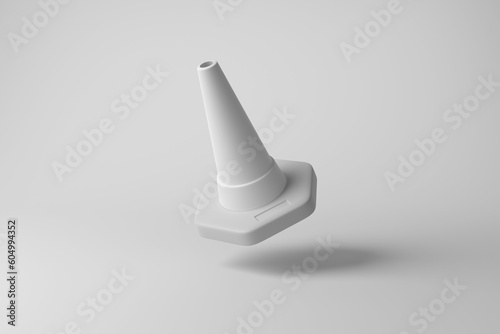 White traffic cone floating in mid air with shadow on white background in greyscale monochrome. Illustration of the concept of temporary redirection of traffic for safety photo