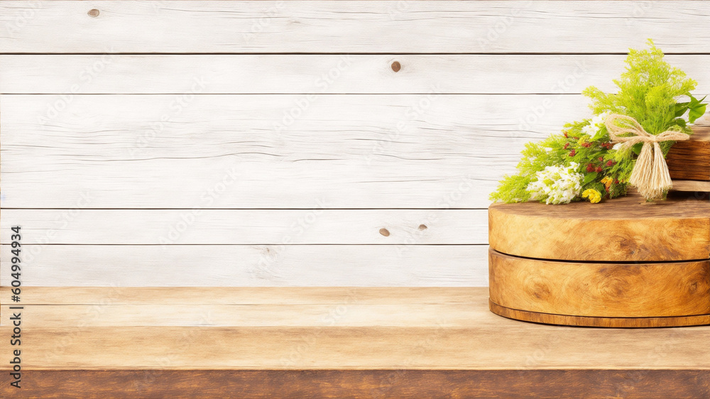 Background for products cosmetics, food or jewellery. Rustic wood pieces podium. Front view, generative ai - obrazy, fototapety, plakaty 