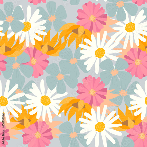 floral pattern in cold colors. flowering buds are white, blue, orange. botanical endless pattern.