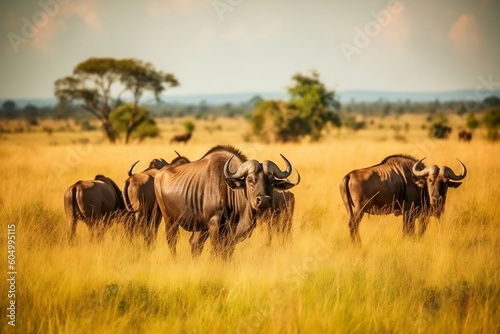 African Buffalo Herd Grazing in Savannah. AI photo