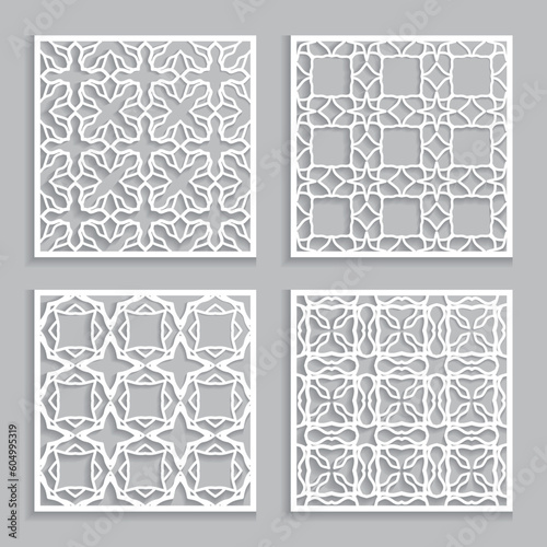Templates for laser cutting, plotter cutting, printing. Square line patterns set. Geometric design cut out of paper. Mandala Islamic die cut ornament. Fretwork panels, cutout silhouette stencils