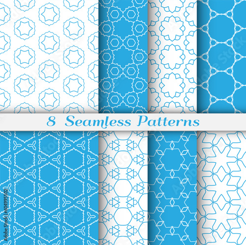 Set of seamless hexagon patterns in arabian style. Stylish geometric line art background. Repeating lace texture for wallpaper, card, invitation, banner, textile fabric print. Tribal ethnic ornament
