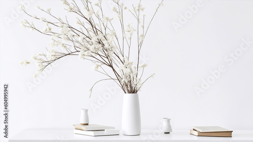 White desk with minimal vase with a decorative dried branches, flower against white wall, generative ai,