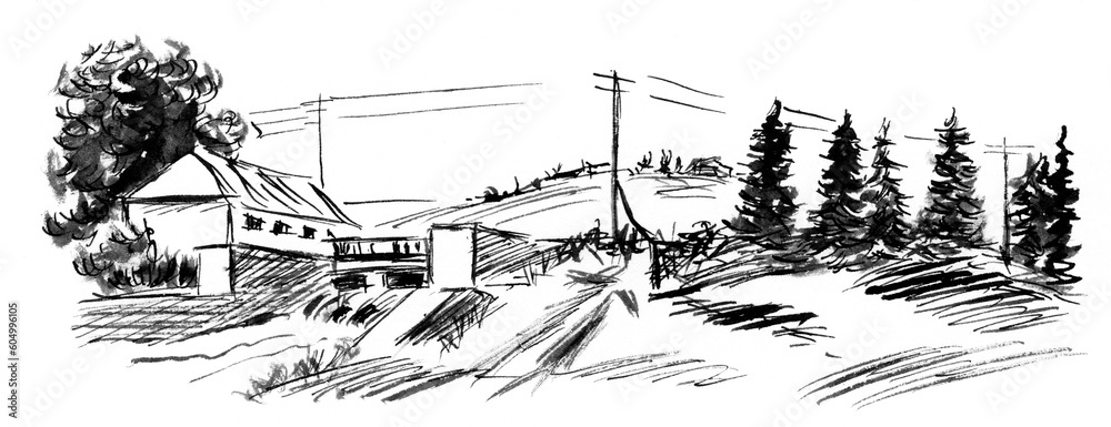 Village ink sketch illustration
