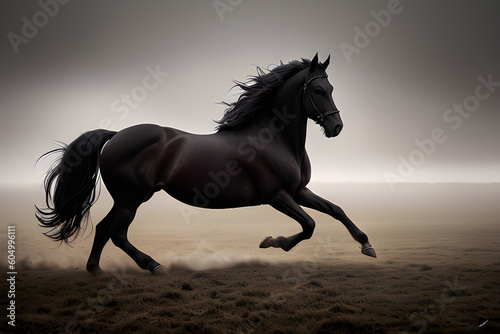 Very beautiful Friesian horse while running in the field. Generative AI © Bogdan.Vision