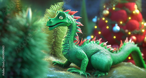 the symbol of 2024. a green dragon among the Christmas trees. New Year  Christmas.