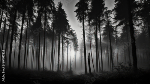 Silent Symphony: The Enchanting Silhouette of a Forest in Black and White. Generative AI © Sascha