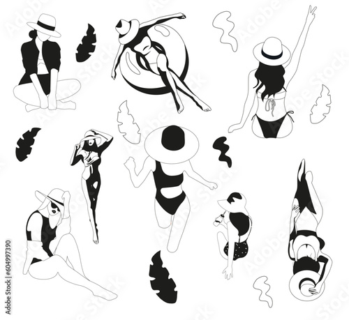 A set of beautiful girls resting on beach, enjoying vacation in black and white colors with hat, swmming ring, leaves, shirt in one line art on white background