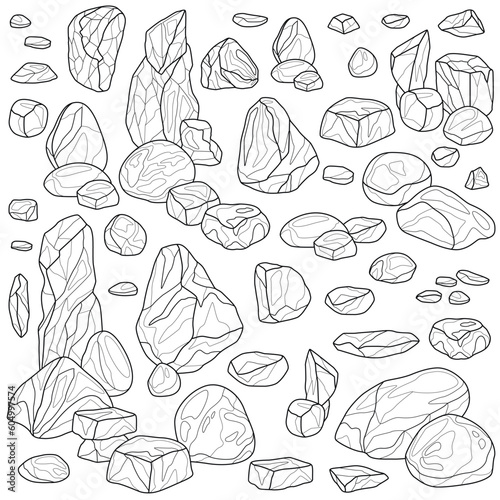 Stones set.Black and white outline illustration.Illustration isolated on white background.