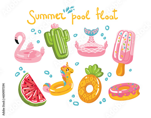 Collections of various inflatable pool floats. Set of icons. Summer holidays and entertainment. Vector.