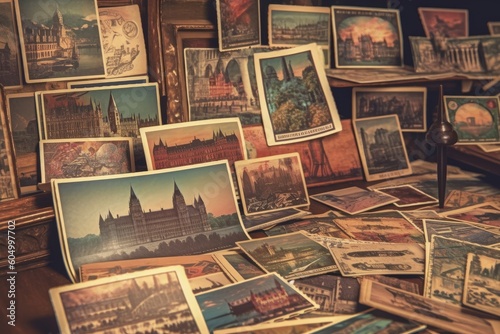 Vintage postcards and stamps collected. (Generative AI) photo