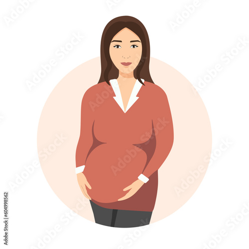 Happy pregnancy concept. Cartoon smiling young pregnant woman. Vector illustration with future mother