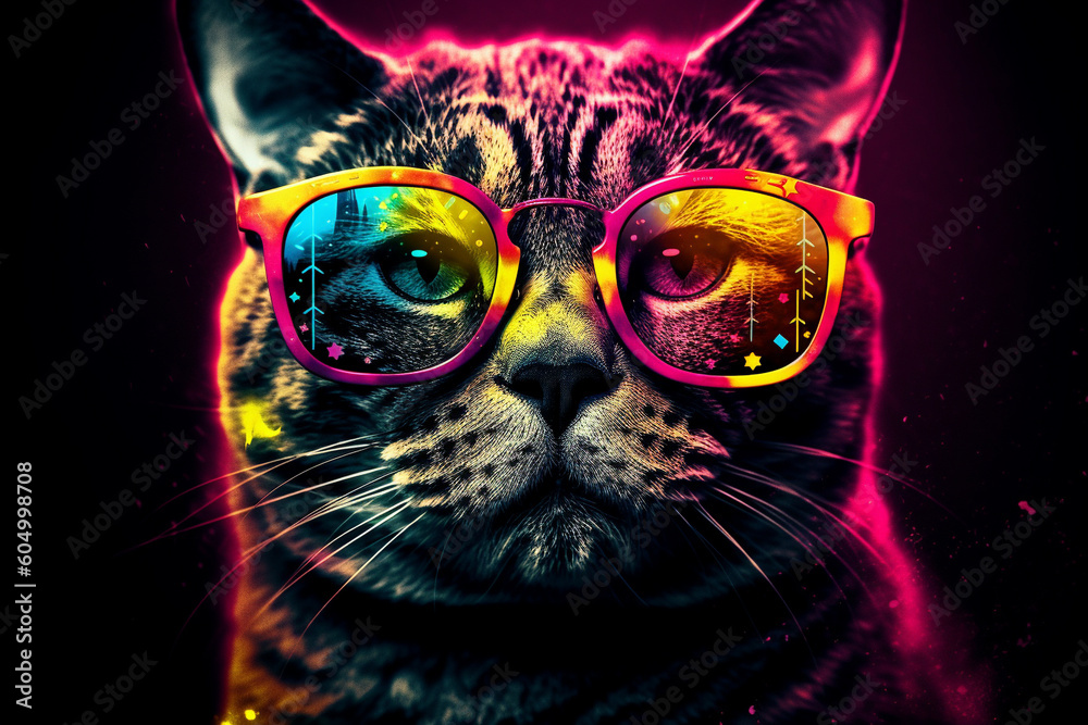 Fototapeta premium Colored cool and funny cat portrait with sun glasses. Ai generated