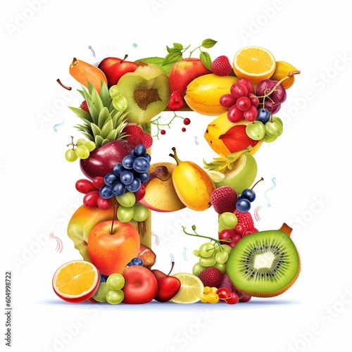 fruit, letter, alphabet, food, apple, orange, fruits, fresh, grape, healthy, banana, grapes, isolated, green, ripe, red, strawberry, diet, lemon, tropical, pineapple, kiwi, pear, generative ai