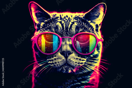 Colored cool and funny cat portrait with sun glasses. Ai generated © dragomirescu